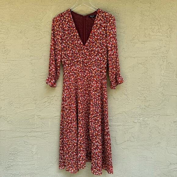 Madewell Dress Crossover Midi Clipdot Floral Size 2 Faux Wrap Prairie Brown NWT - Picture 1 of 8